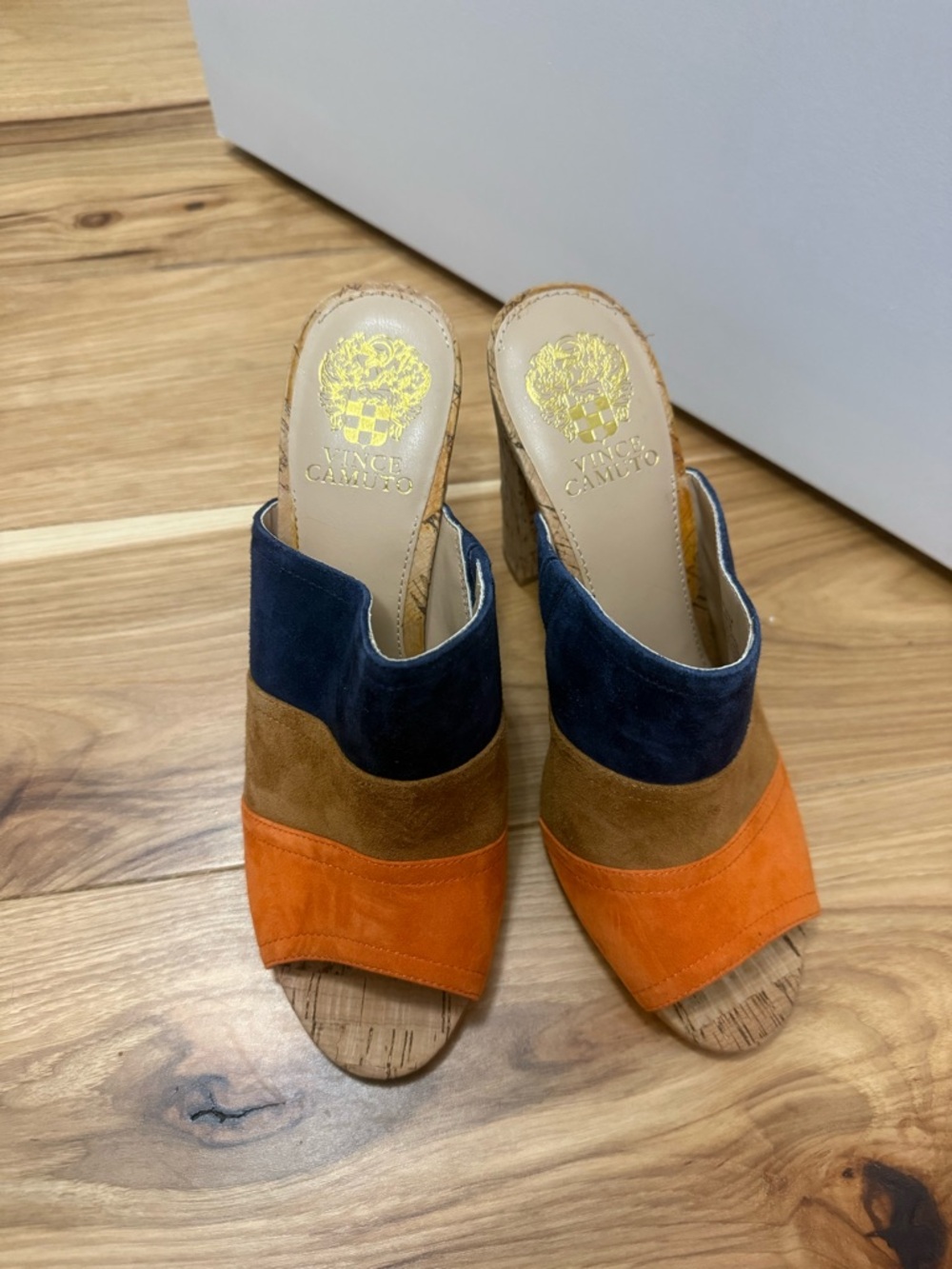 Vince Camuto Suede Colorblock Open-Toe Mule Heels in Navy, Brown & Orange
